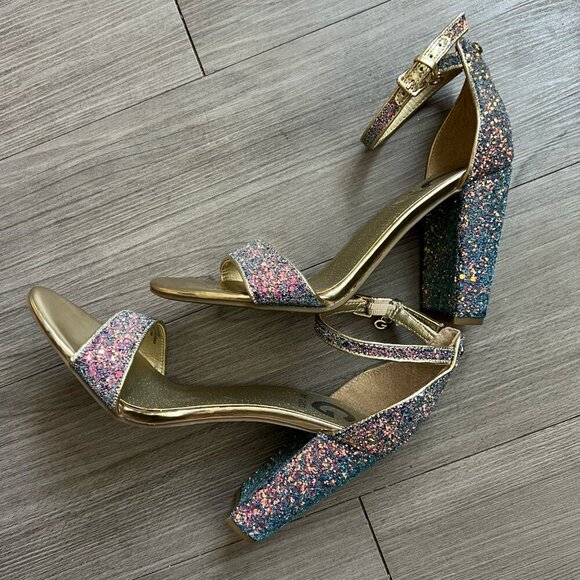 G By Guess Shantel Gold Rainbow Glitter Party Strappy Block Heels Size W7 - Picture 3 of 7